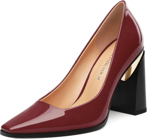 Vista 9 de Tacones altos para mujer, zapatos de vestir de tacón grueso con puntera cuadrada cerrada de patente, tacones elegantes, zapatos de vestir diarios