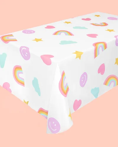 Vista 4 de xo, Fetti Mantel desechable con cara sonriente, 9 pies, decoraciones de cumpleaños de arcoíris, cubierta de mesa pastel, mantel para niñas
