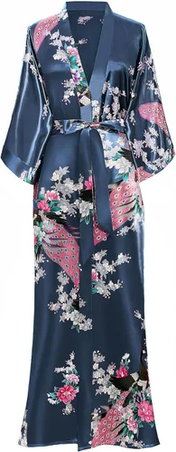 Vista 18 de BABEYOND Bata tipo kimono para mujer, bata larga de satén con estampado de pavo real y flores Verde