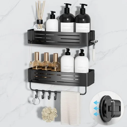 Vista 11 de Onemake Organizador de ducha con ventosa, estante de ducha de succión con ganchos portátiles, organizador de baño con barra de toalla
