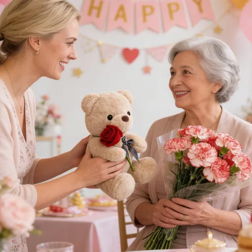 Vista 2 de Oso de peluche de 9 pulgadas, lindo oso de peluche marrón con rosa, animal de peluche para el día de la madre para mamá, regalo de oso de peluche