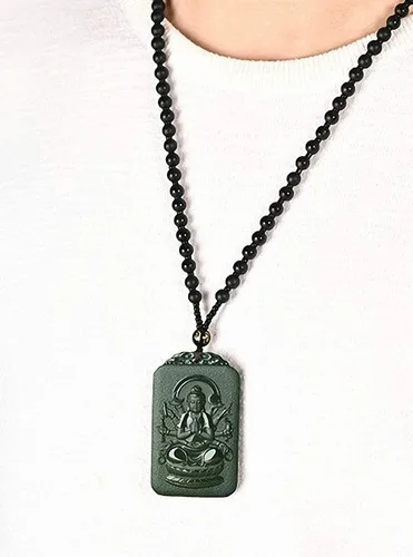 Vista 3 de China Natural Hetian Green Jade Nefrita tallado Zodiaco Protector Deidad Colgante Amuleto