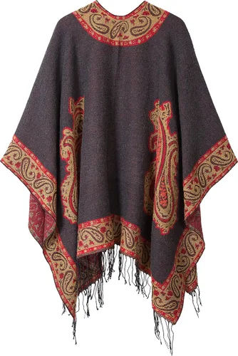 Vista 2 de Poncho con flecos, con estampado vintage, estilo retro, a la moda, para mujer. Capa, chal.