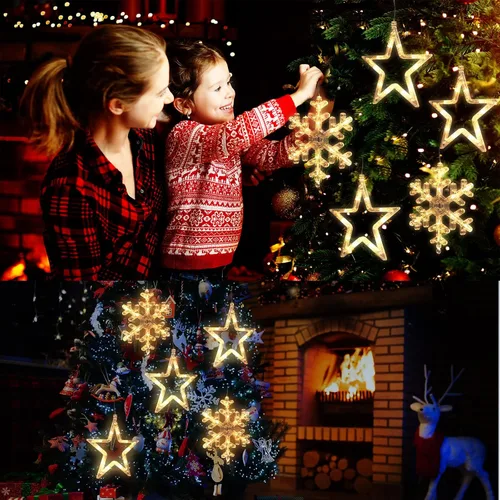 Vista 3 de 5 Piezas Luces Navideñas para Ventana Decoraciones Letrero Iluminado de Navidad Blanco Cálido Funciona con Pilas Telón de Fondo Luces de Cadena