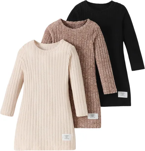Vista 11 de Vestidos para niñas, Juego de 3 vestidos para niñas pequeñas de manga larga de color sólido, elegantes y casuales, con diseño acanalado, talla 2-8