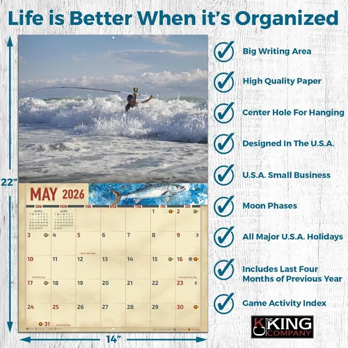 Vista 4 de The KING Company-Monster Calendars - Calendario de pared de pesca de agua salada 2026, tamaño XL, 14 x 22 pulgadas, calendario de pesca deportiva