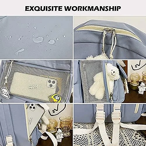 Vista 8 de Mochila kawaii con pin kawaii y accesorios, bonita mochila kawaii para mochila escolar, mochila kawaii para niña linda, Ivory, L, Suave