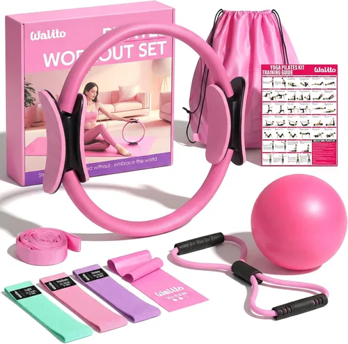 Vista 9 de WALITO Kit de Pilates para el Hogar para Mujeres, Juego de Anillo de Pilates con Círculo Mágico, Bandas de Resistencia, Bandas de Ejercicio Figura