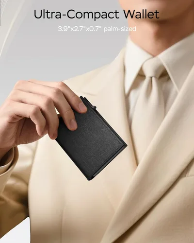 Vista 6 de Cartera para hombre – Cuero minimalista de triple pliegue, funda inteligente para tarjetas emergentes con bloqueo RFID, soporte delgado de metal