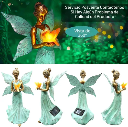 Vista 5 de Decoración solar de estatua de jardín de hadas, figura de resina de ángel de 10 pulgadas, impermeable, decoración del hogar con luces LED de colibrí