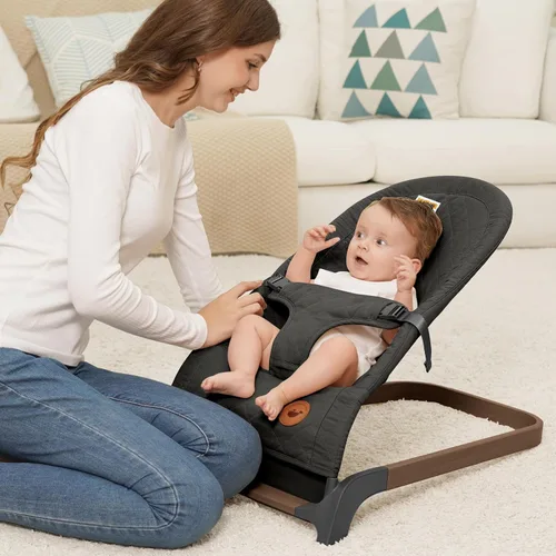 Vista 2 de ANGELBLISS Bouncer para bebés, asiento inflable portátil para bebés, asiento hinchable con tela de algodón, vibraciones naturales (antracita)