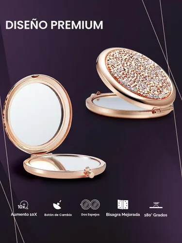 Vista 5 de OMIRO Espejo compacto con aumento 1X/10X, mini espejo de maquillaje de bolsillo de metal con diamantes (oro rosa)