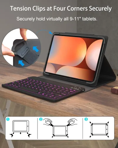 Vista 3 de Funda universal para tablet con teclado para tabletas de 9", 9.7", 10.1", 10.2", 10.4", 10.5", 10.9", 11", con teclado Bluetooth retroiluminado de 7