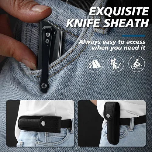 Vista 5 de ohmonlyhoo Cuchillo de bolsillo, cuchillo plegable de 3.5 pulgadas con mango G10 y hoja D2, cuchillo EDC con funda de nylon para hombres y mujeres