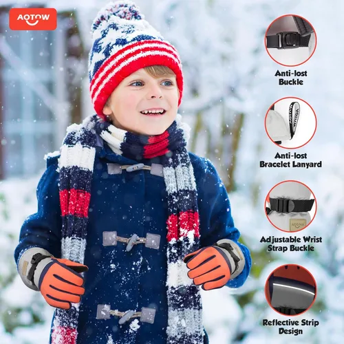 Vista 5 de AOTOW Guantes de nieve de invierno para niños Guantes de esquí deportivos para niños y niñas, resistentes al agua, resistentes al viento, clima