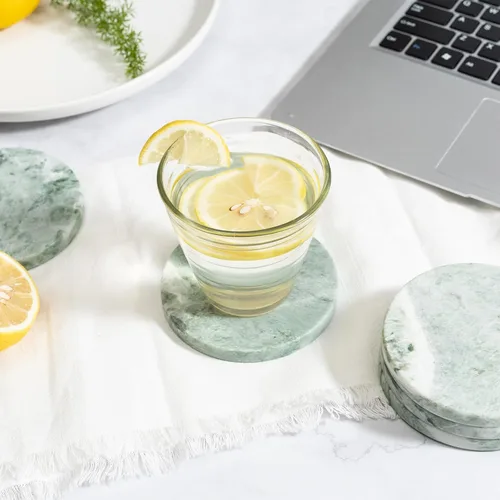 Vista 4 de Posavasos de mármol verde, posavasos de piedra natural, juego de 4, elegante decoración del hogar
