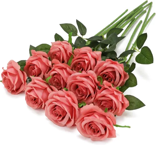 Vista 19 de Rosas artificiales negras – 10 piezas de rosas artificiales falsas de seda con tallos para decoración del hogar, boda, hotel, oficina, centro de mesa