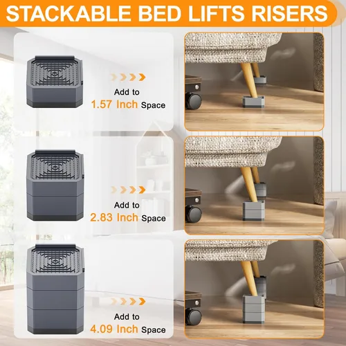 Vista 6 de SEISSO Paquete de 4 elevadores de muebles ajustables, elevadores de cama resistentes que se elevan a 2, 3 y 4 pulgadas, bloques elevadores cuadrados