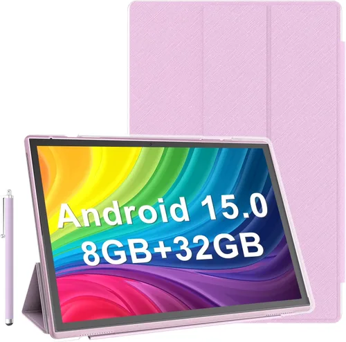 Vista 10 de Tableta de 10 pulgadas Android 15 con funda, 6GB RAM+32GB ROM+1024GB expansión, batería de 6000mah, cámara dual 2MP+8MP WiFi-6, pantalla táctil IPS