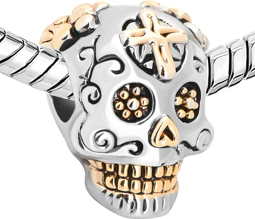 Vista 2 de TGLS Abalorio de calavera dorada compatible con pulseras Pandora