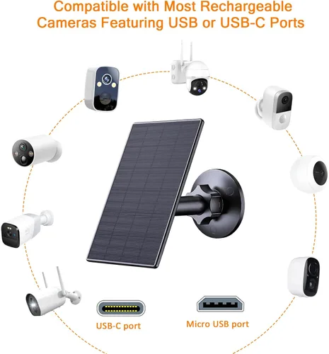 Vista 2 de Zivif Panel solar de 2 W para cámaras de seguridad, cargador solar con puerto micro USB y USB-C para cámara de seguridad de batería recargable