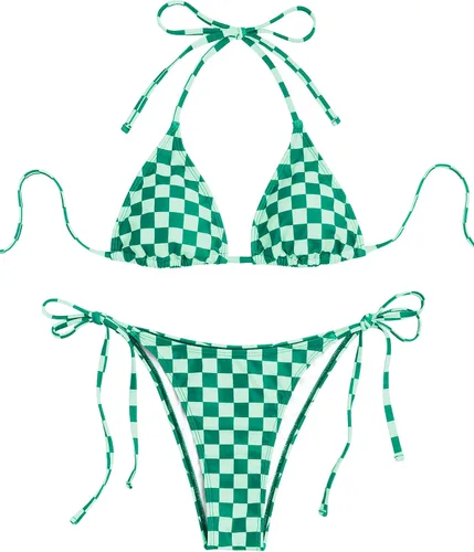Vista 16 de ZAFUL Bikinis triangulares estampados para mujer, 2 piezas, bikini halter, traje de baño de corte alto, traje de baño con lazo lateral 0-negro a