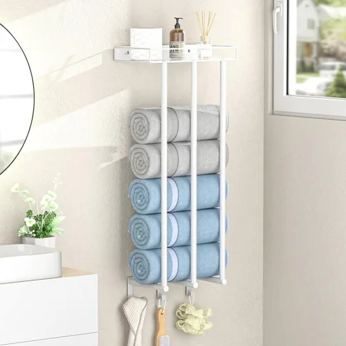 Vista 2 de Ovicar Toalleros para baño – Almacenamiento de toallas enrolladas montadas en la pared con estante de metal y 3 ganchos, 3 barras de pared para baño