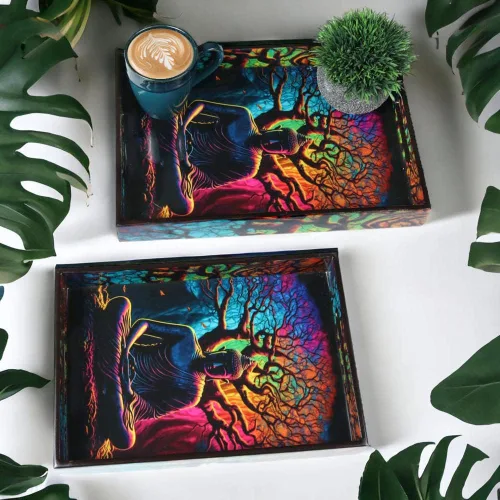 Vista 5 de Crocon Juego de 2 bandejas rectangulares decorativas con estampado esmaltado de Buda, color negro
