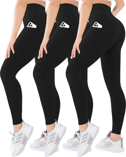 Vista 29 de Blisset - Paquete de 3 leggings de cintura alta para mujer con bolsillos, pantalones suaves y activos para control de abdomen, ideales para yoga