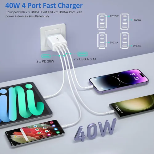 Vista 2 de Bloque de cargador USB C de 40 W, paquete de 2 cargadores de pared USB C de 4 puertos, cubo de carga rápida de teléfono tipo C con cable USBC a USBC