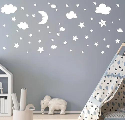 Vista 6 de Calcomanías de pared de luna creciente, estrellas y nubes, calcomanías de pared de luna y estrellas, cielo estrellado, decoración de sala