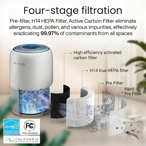 Vista 2 de MIKO Purificador de aire para dormitorio con filtro HEPA 3 en 1 y modo de sueño, silencioso como un susurro, cubre hasta 1200 pies cuadrados
