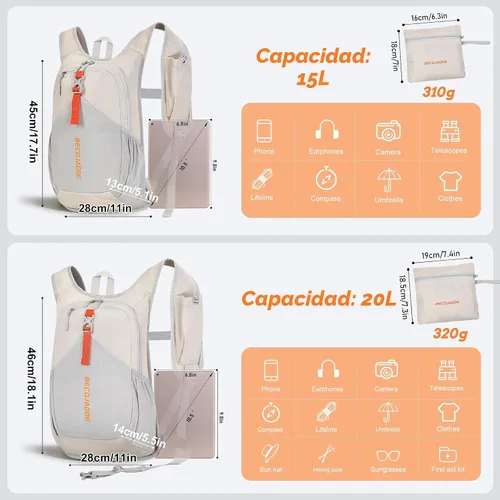 Vista 4 de BECOJADDE - Mochila de senderismo pequeña de 15 L para hombres y mujeres, plegable, ultraligera, para viajes, camping, actividades al aire libre