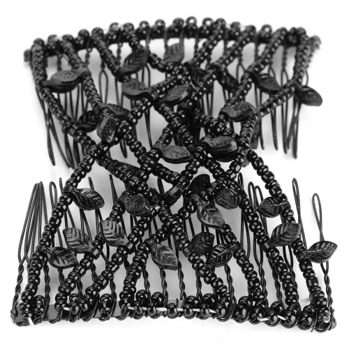 Vista 7 de Juego de pinzas y peines para el cabello de perlas – clips dobles elásticos elásticos, peines mágicos, herramienta de peinado de cabello DIY (negro)