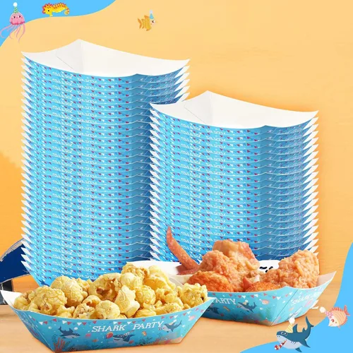 Vista 6 de Gejoy Juego de 100 piezas de suministros de fiesta de tiburón, papel desechable, aperitivos, decoraciones de cumpleaños, bandejas para servir comida