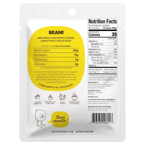Vista 2 de BRAMI Lupini Beans Snack, Ajo y Romero, 7g de proteína vegetal, 0g de carbohidratos netos, vegano, vegetariano, keto, dieta mediterránea,