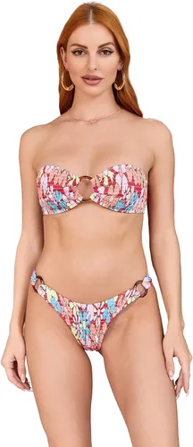 Vista 13 de WDIRARA Conjunto de bikini de 2 piezas sin tirantes para mujer