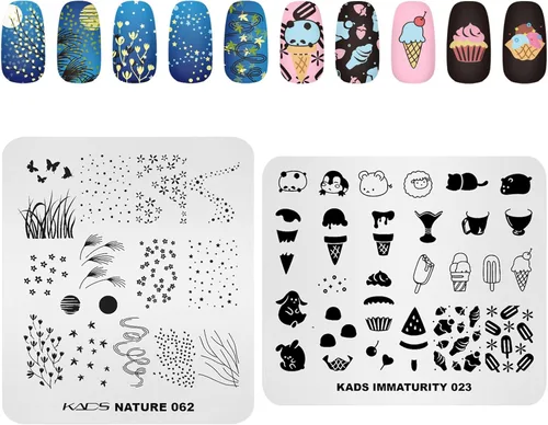 Vista 4 de KADS 10 piezas de placas de estampado de uñas, plantillas de arte de uñas, herramienta de bricolaje, corazón, conejo, flor, helado, parapente