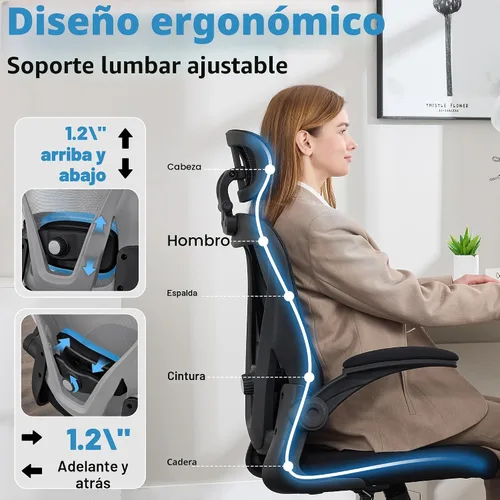 Vista 4 de Office Chair, Ergonomic Office Chair with Headrest, Comfy Home Office Desk Chairs with Lumbar Support & Flip-up Armrests, 330LBS High Back Mesh