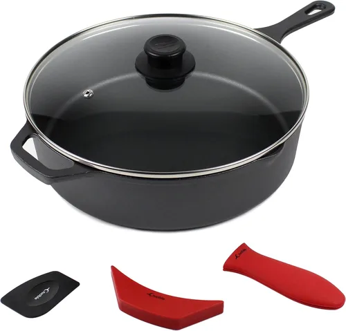 Vista 10 de Sartén de hierro fundido (extra profundo) – 10.25 pulgadas con tapa de sartén, sartenes + fundas de soporte de mango de silicona – Utensilios