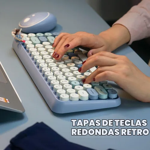 Vista 4 de Perixx PERIDUO-713BL Combo de Teclado y Ratón Inalámbrico Mini - Teclas Redondas Retro - Azul Pastel - Diseño de Teclado Inglés de EE. UU. (11909)