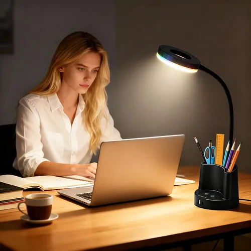 Vista 4 de HomeFocus Lámpara de escritorio, lámpara de escritorio LED RGB, lámpara de mesa, luz de lectura y luz nocturna para oficina en casa, negro