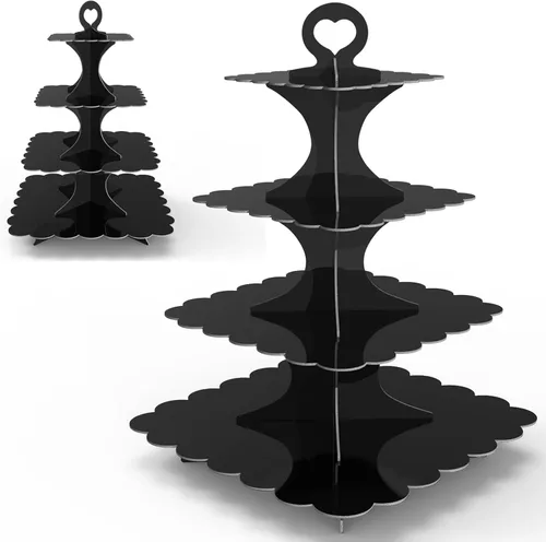 Vista 10 de Soporte redondo negro para cupcakes de 4 niveles, paquete de 2, elegante exhibición de postres para bodas, fiestas, cumpleaños