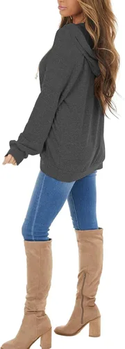 Vista 2 de Sudaderas con capucha casuales para mujer, ligeras, de manga larga, blancas, con cordón, sudaderas holgadas con bolsillo Carbón