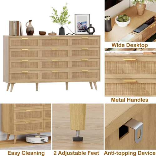 Vista 7 de Rovaurx Cómoda doble de 12 cajones para dormitorio, cómoda de ratán, cómoda de madera moderna con asas doradas, mesa auxiliar para armario, sala