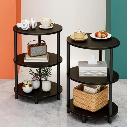 Vista 10 de Mesa auxiliar redonda pequeña, mesa decorativa ovalada de 3 niveles para espacios pequeños, mesita de noche de madera rústica y metal para sala