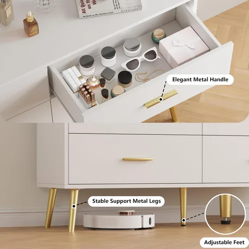 Vista 5 de Cómoda blanca para dormitorio, cómoda de 46.5 pulgadas para armario dorado (Metal Golden)