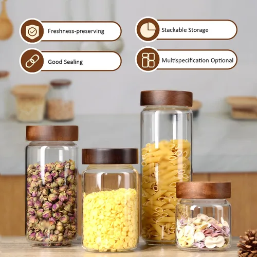 Vista 4 de Tarro de vidrio de 13.5 fl oz/400 ml con tapa de rosca de madera hermética, recipiente de almacenamiento de alimentos transparente apilable pequeño