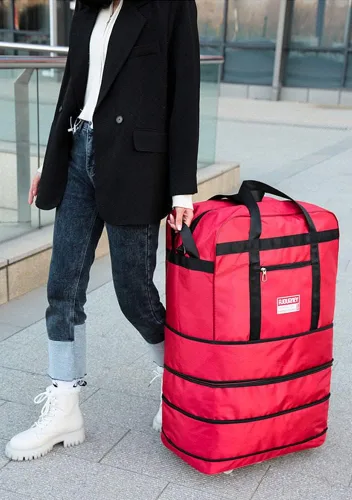 Vista 6 de Radefasun Bolsa de viaje expandible de Oxford con ruedas, impermeable, ligera, plegable, para viajar, Rojo