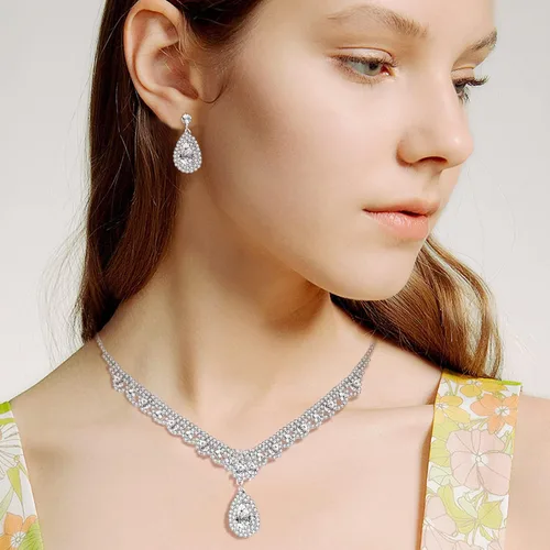 Vista 3 de Juego de joyas de plata para mujer, juego de joyería nupcial para boda, collar de lágrima, aretes, joyería de graduación de plata para mujeres